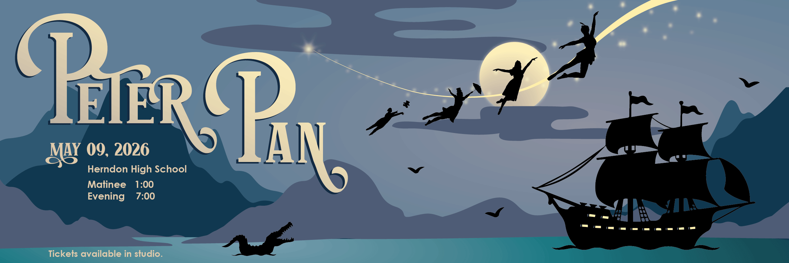 Get tickets for our spring ballet, Peter Pan! May 9, 2026, Herndon High School at both 1:00 and 7:00. Available now at the Park Street Office!